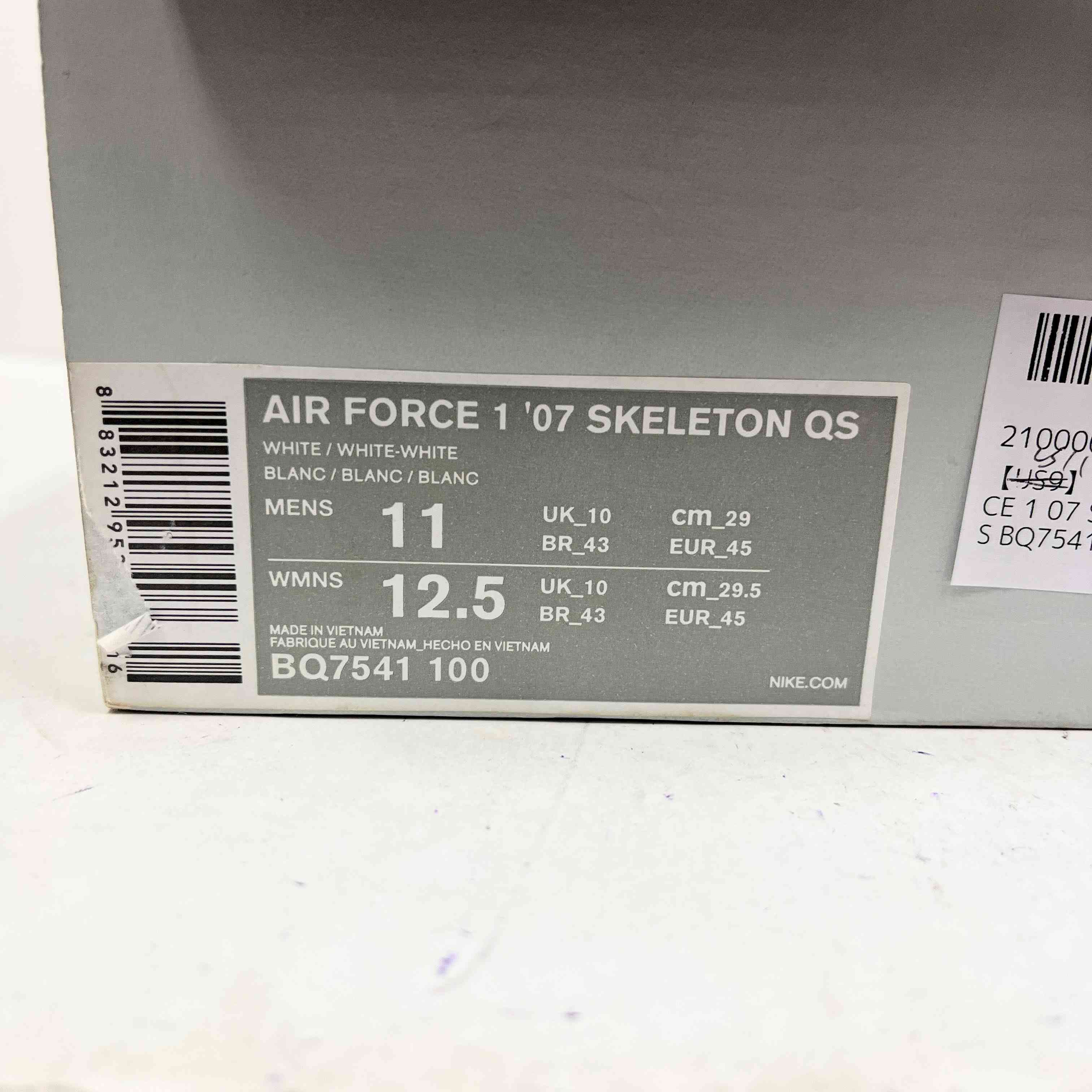 【US9】 NIKE AIR FORCE 1 07 SKELETON QS BQ7541-100 【USED】
